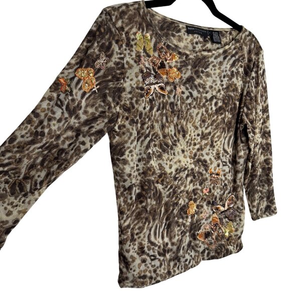 VTG Dana Buchman Brown Leopard Print Top W/ Sequin Butterfly Embellishments Sz S - Picture 4 of 11